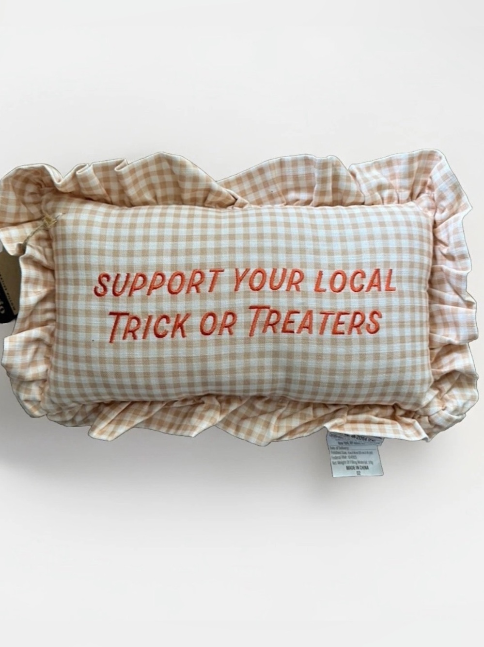 “Support Your Local Trick or Treaters” Gingham Decorative Pillow